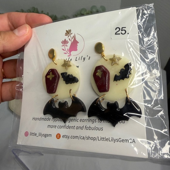 Halloween Black and Gold Bat Earrings - Picture 3 of 7